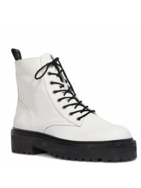 BLACK SUEDE STUDIO WHITE LEATHER COMBAT BOOTS